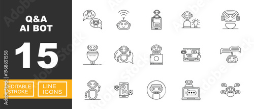 Intelligent Q&A AI Bot and Customer Support. Includes User-Robot Chat, Wireless Bot Connection, Smart Idea Bot, Customer Service Headset, Laptop Interface. Editable stroke line icons.