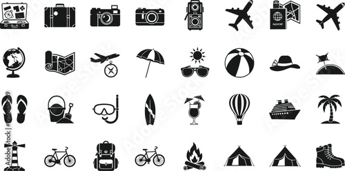Black and white travel icons set for vacation and adventure