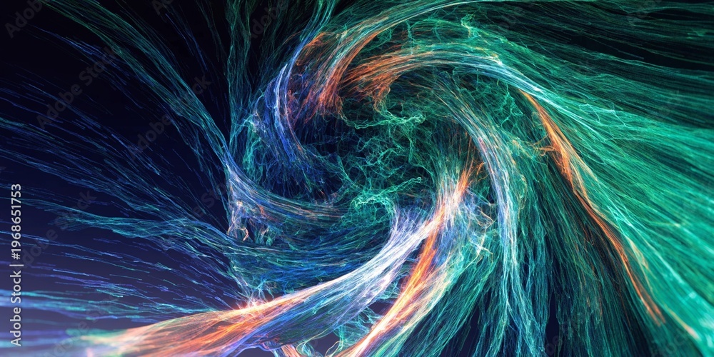 Naklejka premium Powerful abstract energy vortex with green and blue spectral threads swirling into central light source on dark blue background.