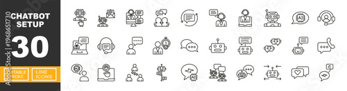 Automated Bot icon. Includes artificial intelligence, chatbot assistant, message automation, robot head, digital communication. Editable stroke line icons.