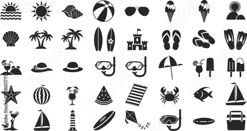 Collection of black beach icons on white background for summer concepts