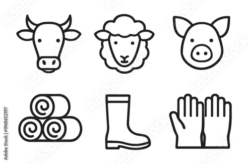 Farm animals and related objects illustrated in a simple line art style
