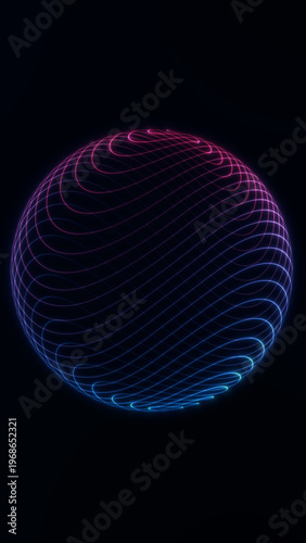 Abstract neon glowing sphere with gradient pink blue lines and smooth curved grid, futuristic digital energy orb with vibrant light flow seamless loop 4K