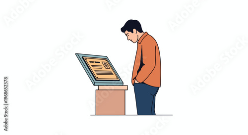 Man reading information plaque at museum exhibit