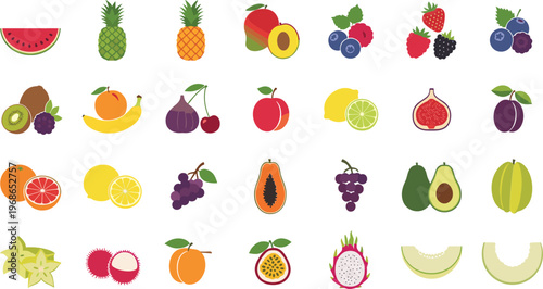 Colorful illustrations of various fruits on white background