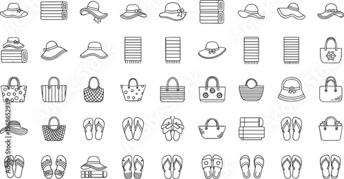 Summer vacation accessories icons set including hats bags flip flops
