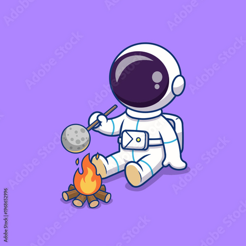 Cute astronaut mascot vector illustration camping, sitting beside a campfire while roasting a moon like a marshmallow.