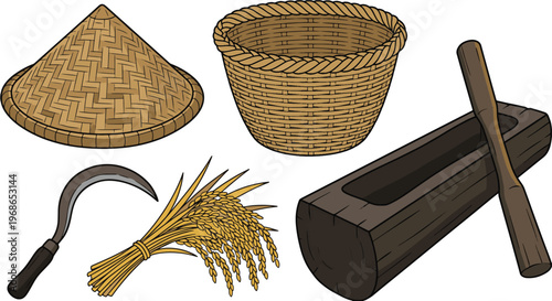 Farmers tools and baskets with hat and sickle and wheat