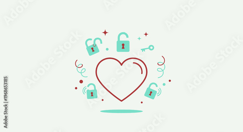 Heart Unlocked Love Concept: Open Locks, Key, Stars, Swirls - Romantic Graphics