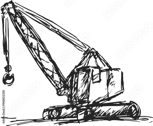 Sketch of a crawler crane with lattice boom and hook, construction equipment illustration
