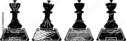 stylized black chess kings standing on shaded square bases with carved texture