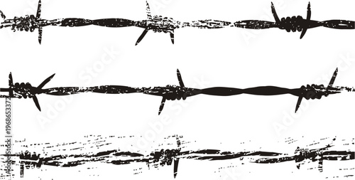 Grunge barbed wire elements in black vintage textured border and divider design set with sharp spikes and scratched effect
