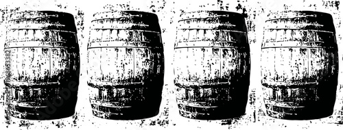 four rustic wooden barrels standing side by side on a white background
