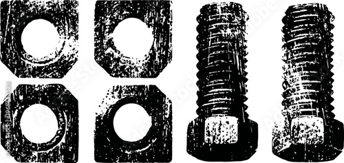 rusty bolts and nuts arranged in a row on a white background, industrial hardware close up