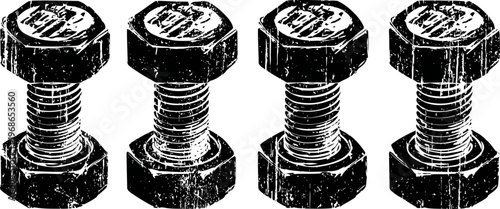 Four rusty bolts and nuts lined up side by side, vintage industrial hardware illustration