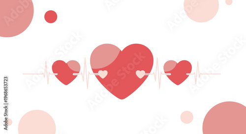 Heartbeat Cardiogram with Hearts and Circles on White Background