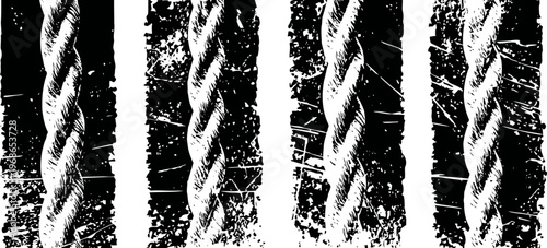 vertical rope texture design grunge black and white distressed pattern with rough worn fibers and scratches