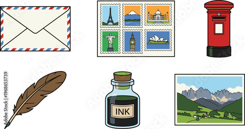 A collection of postal items and writing tools on a table indoors.