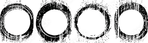 Grunge circular frame set four distressed round borders with rough, textured edges