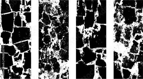 abstract black and white cracked texture patterns set of four distressed grunge backgrounds with irregular broken shapes design