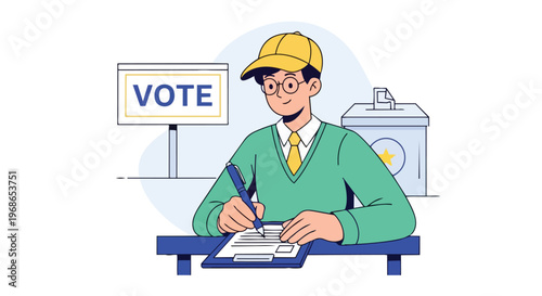 Young man filling out a voting ballot at a polling station