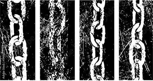 Grunge vertical chain silhouettes distressed broken metal links in black and white texture