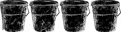 Four vintage clay flower pots in a row with weathered texture and antique patina