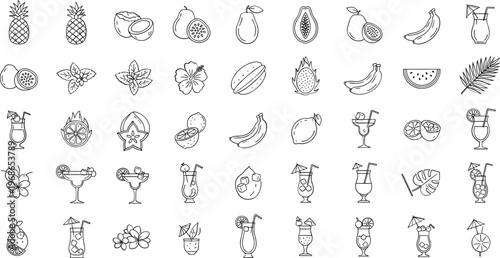 Tropical fruit and cocktail icons in line art style for summer concepts