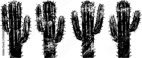 Grunge black cactus silhouettes set with textured distressed effect on white background