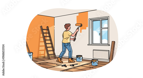 Man painting interior wall with orange paint roller during home renovation