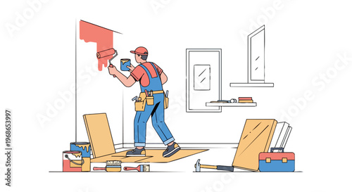 Professional Painter Decorating Interior Wall with Roller