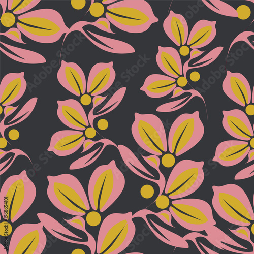 Seamless beautiful watercolor flower with leaves pattern on Grey background pattern