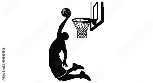 A dynamic basketball player in mid air preparing to dunk captured as a striking black silhouette high quality professional detailed modern elegant