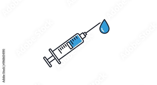 Medical syringe with a drop of blue liquid.