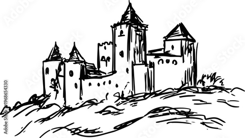 Medieval castle drawing on a hill with towers and walls, sketch illustration