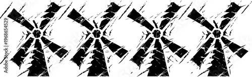 Grunge black windmill silhouette pattern vintage rustic old dutch mills design on white