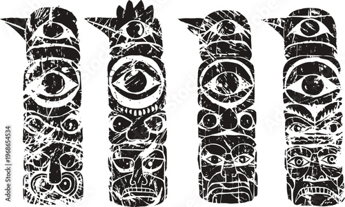 Abstract tribal totem poles with intricate faces and bird shapes in black and white design