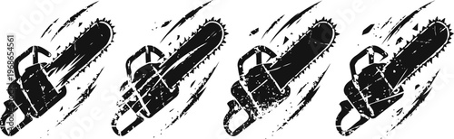 grunge chainsaw icons set hand drawn industrial saw tool illustrations black and white vintage