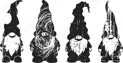 Grunge silhouette gnomes with tall hats and beards rustic whimsical folklore fantasy characters set