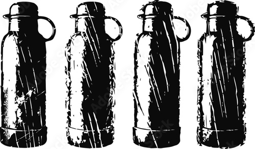 vintage thermos bottle silhouettes set in black and white with distressed texture