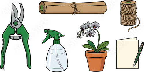 Gardening tools and supplies arranged on a table for nurturing plants indoors