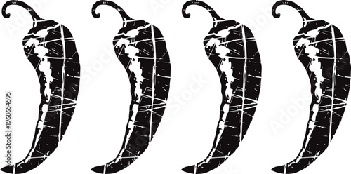 Grunge spicy chili pepper silhouettes in a row with cracked texture, hot vegetable design elements