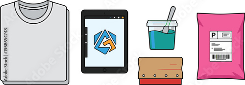 A t-shirt, tablet, yogurt, sandwich, and package are arranged on a table indoors.