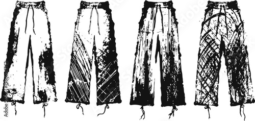 four sketch wide legged pants designs in black and white with tie and pocket details