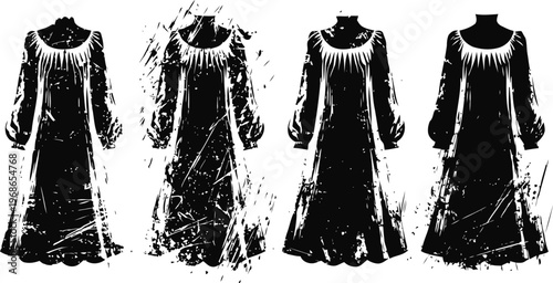 vintage victorian dresses set with long sleeves and lace details black silhouette fashion illustration