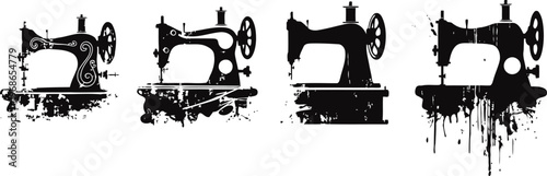 Vintage sewing machine silhouettes with grunge splatter effects in black ink designs