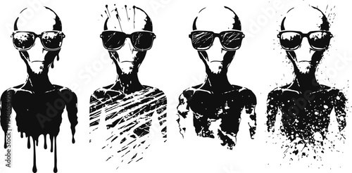 Four black silhouette alien heads wearing sunglasses with different grunge textures and paint splatter effects