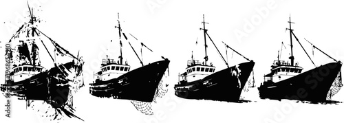 Four black and white silhouettes of fishing boats with detailed rigging and nets