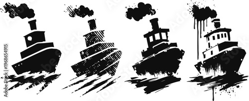 abstract black tugboat silhouettes with grunge brush stroke effects in various distressed styles