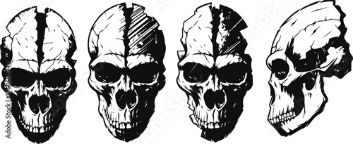 set of four hand drawn human skull sketches in black and white with varying shading and perspective